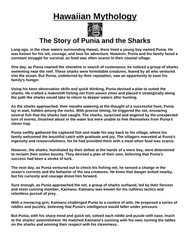 Hawaiian Myth: The Story of Punia and the Sharks “Article & Questions” Assignment