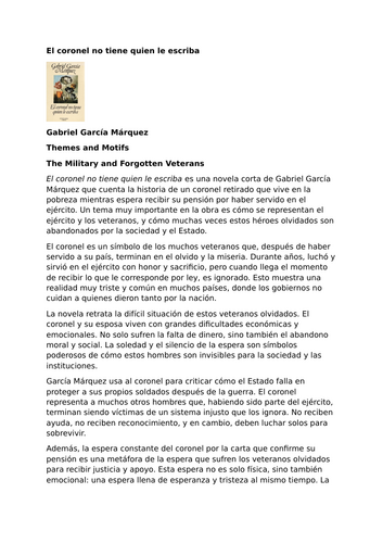 El coronel no tiene quien le escriba by Gabriel García Márquez – Themes and Motifs – The Military