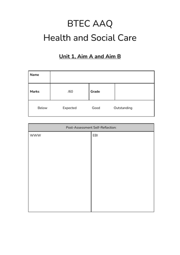 BTEC AAQ Health and Social Care - Unit 1 - Aim A/Aim B Mock