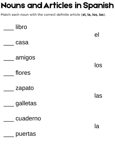 nouns and articles in spanish worksheet answers