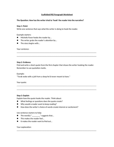 Wolf Brother - Narrative Hooks PEE Scaffolded Worksheet