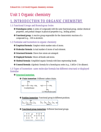 Concise summary for EDEXCEL IAL-AS level unit 1 and 2 organic chemistry