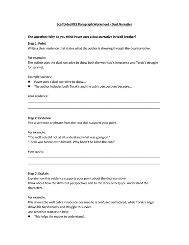 Wolf Brother - Dual Narrative PEE Scaffolded Worksheet