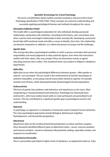 Subject specific vocabulary - A Level Psychology AQA specification - GLOSSARY OF TERMS