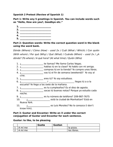 Spanish 2 Pretest (Review of Spanish 1)