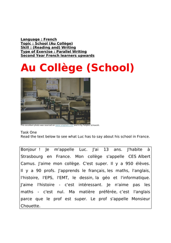 French, Au Collège (School), Parallel Writing