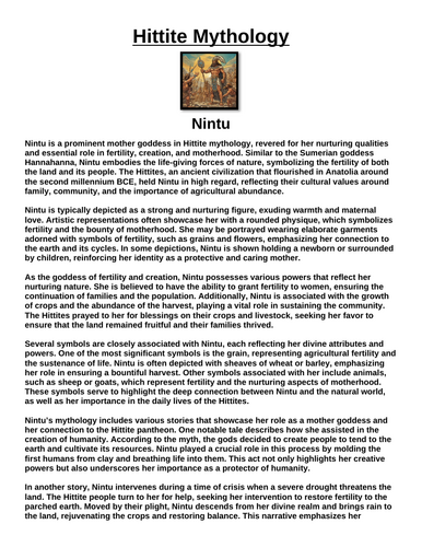 Hittite God: Nintu “Article & Questions” Assignment