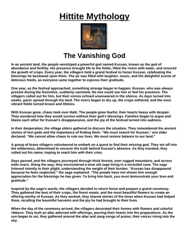 Hittite Myth: The Vanishing God “Article & Questions” Assignment