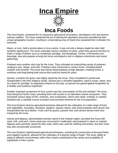 Inca Empire: Foods “Article & Questions” Assignment