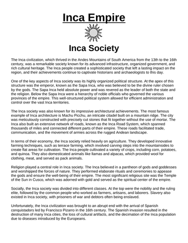 Inca Empire: Society “Article & Questions” Assignment