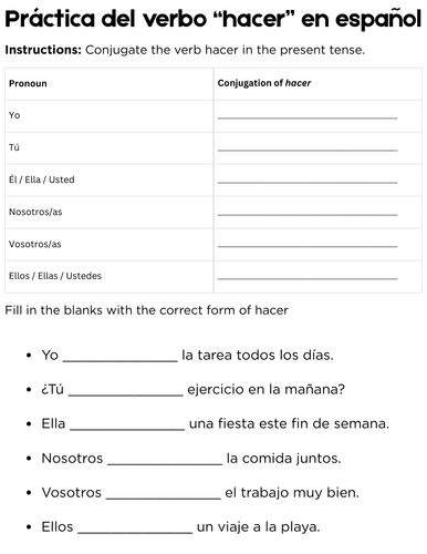 Práctica del verbo “hacer” en español - verb hacer in spanish worksheet