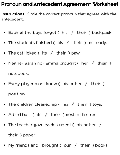 Pronoun and Antecedent Agreement Worksheet