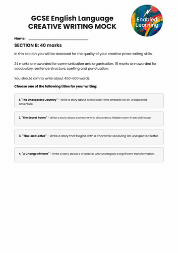 WJEC Eduqas GCSE English Language  Creative Writing Mock