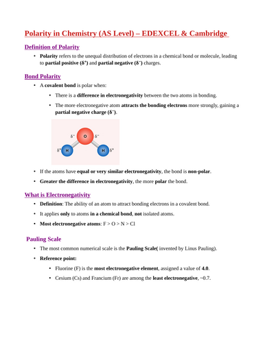 Polarity and electronegativity for Cambridge and EDEXCEL AS level chemistry