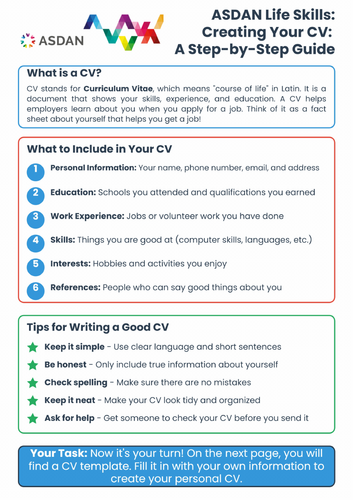 ASDAN Living Independently -  Career Management - CV - A1