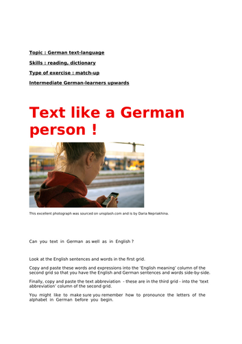 German, Text Language, Match-up Exercise