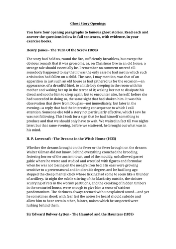 Ghost Story Openings Worksheet