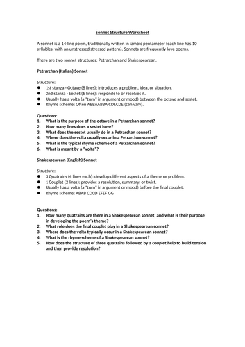 Sonnet Structure Worksheet