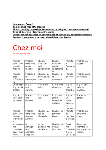 Topic : Chez moi  (My House), four-in-a-line game