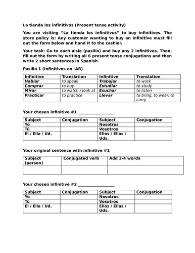 La tienda los infinitivos (Present tense activity)