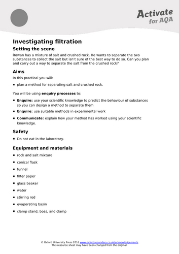 Year 7 SOW on mixtures lesson 5 on filtration all practical sheets included