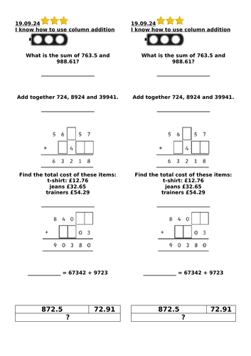 Column addition - varied representations