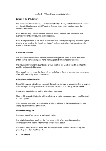 London by William Blake Context Worksheet