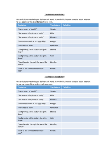 Extract From The Prelude Vocabulary Worksheet