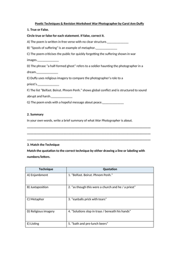 War Photographer by Carol Ann Duffy Worksheet