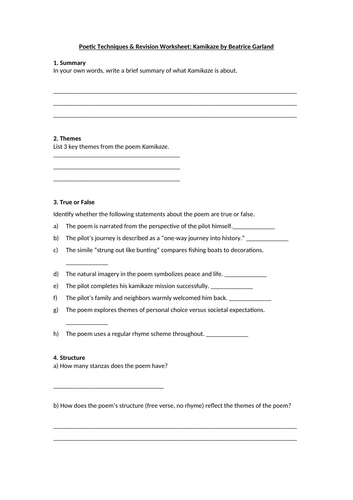 Kamikaze by Beatrice Garland Worksheet