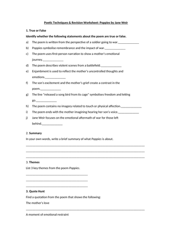 Poppies by Jane Weir Worksheet