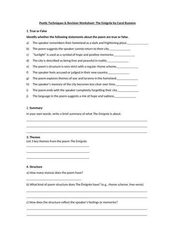 The Emigree by Carol Rumens Worksheet