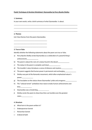 Ozymandias by Percy Shelley Worksheet