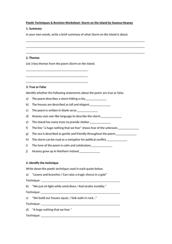 Storm on the Island by Seamus Heaney Worksheet