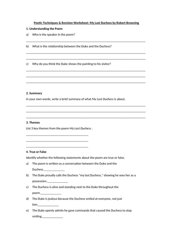 My Last Duchess by Robert Browning Worksheet