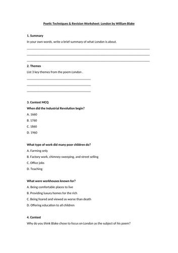 London by William Blake Worksheet