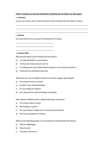Checking Out Me History by John Agard Worksheet