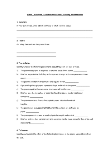 Tissue by Imtiaz Dharker Worksheet