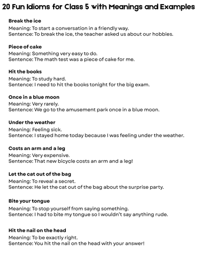 20 idioms with their meanings and sentences for class 5