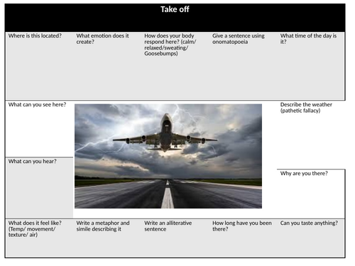 plane take off - descriptive writing planning sheet