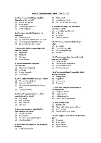 The Tempest - Act 1 Scene 2 line 202 - 337 Multiple Choice Quiz