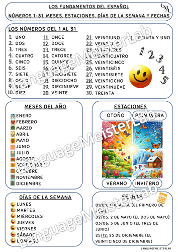 Spanish Basics Numbers 1-31, Months, Seasons, Days of the Week, Dates Learning Aid