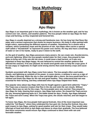 Inca God: Apu Illapu “Article & Questions” Assignment