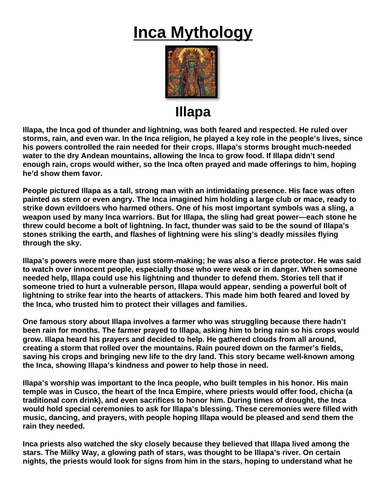 Inca God: Illapa “Article & Questions” Assignment
