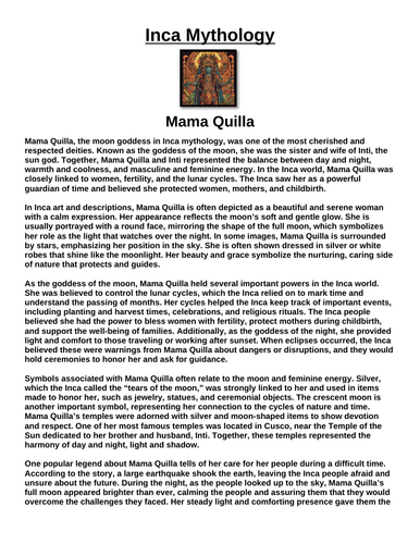 Inca God: Mama Quilla “Article & Questions” Assignment