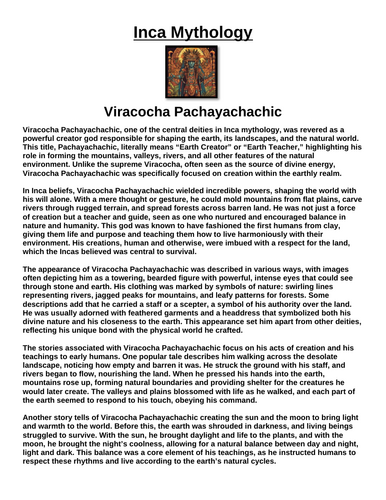Inca God: Viracocha Pachayachachic “Article & Questions” Assignment