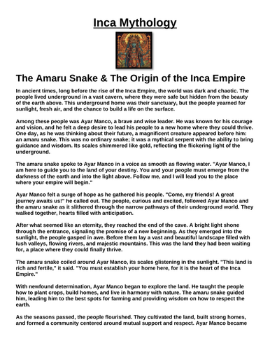 Inca Myth: The Amaru Snake and the Origin of the Inca Empire “Article & Questions” Assignment