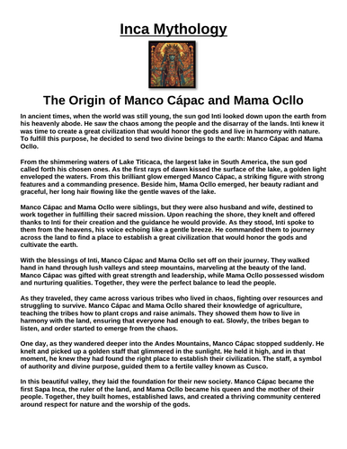 Inca Myth: The Origin of Manco Cápac and Mama Ocllo “Article & Questions” Assignment