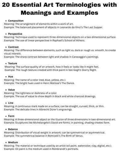 list 20 art terminologies with meaning and examples