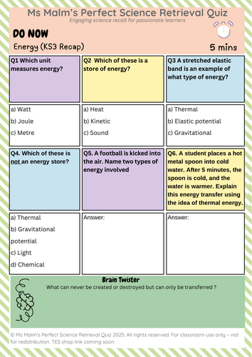 Engaging 5-minute Do Now activity for recapping KS3 Physics (Energy).